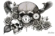 Skull created using flowers Mouth open with souls in a line going in. Skull is held by a clock work owl  tattoo design idea