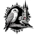 Hedwig with dobby and the castle surrounded tattoo design idea