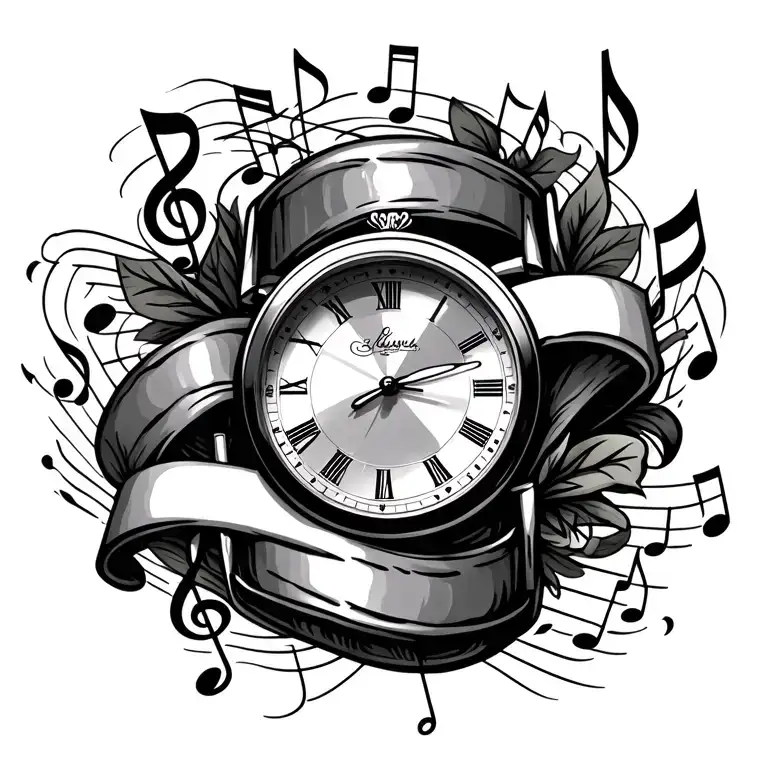 vintage watch surrounded my music notes tattoo design idea