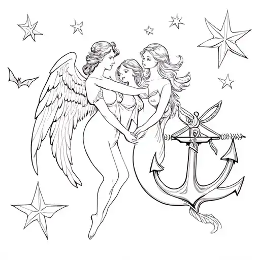 angels. small stars, pretty bats flying, second star to the right off peter pan, anchor and mermaid and fairy  tattoo design idea