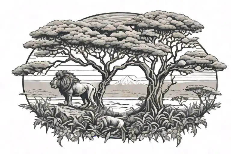 Kilimanjaro, Acacia Trees, Lion tattoo design idea