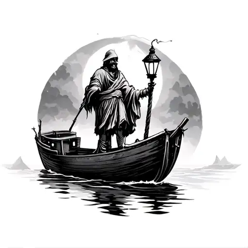 charon the ferryman on a boat with a lantern tattoo design idea