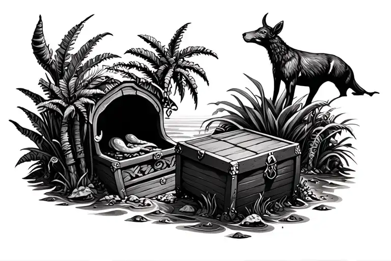 ocean floor with treasure chest and animals native tattoo design idea