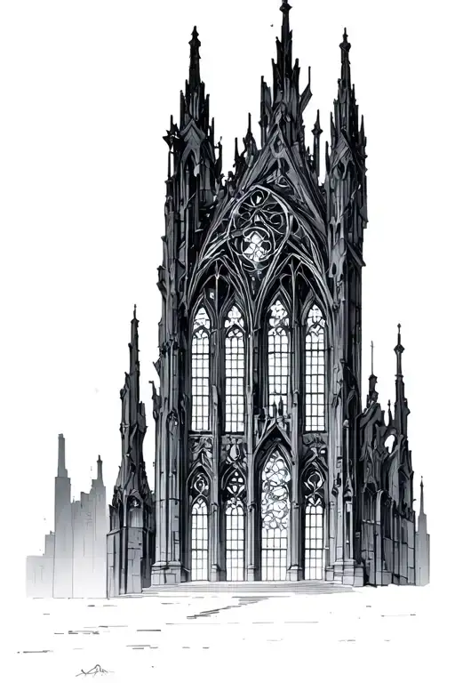 A cyberpunk-inspired gothic cathedral with intricate stained glass windows and neon accents tattoo design idea