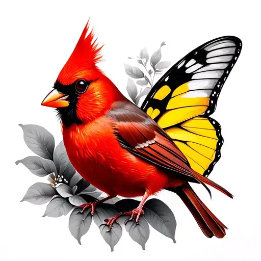 red cardinal with yellow butterfly  tattoo design idea