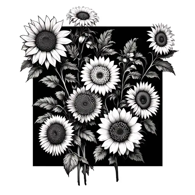 zinnias and sunflowers long greens stems tied together tattoo design idea