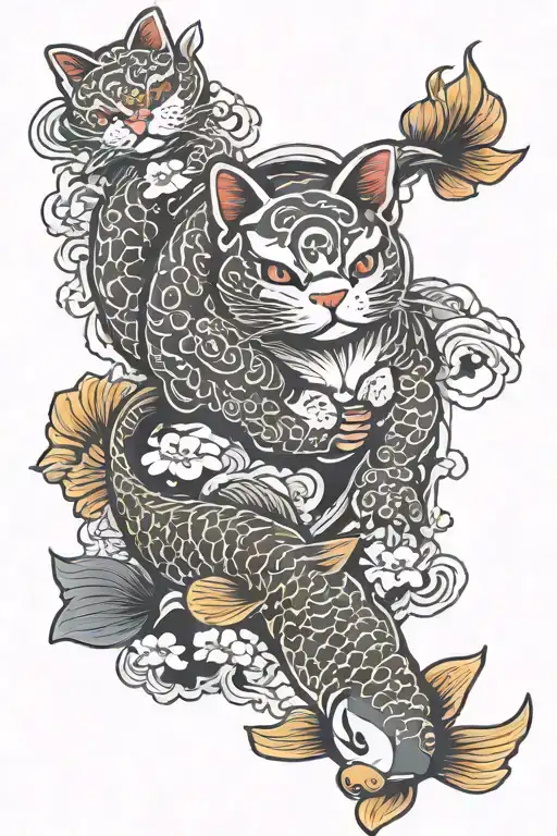 maneki neko and koi fish tattoo design idea