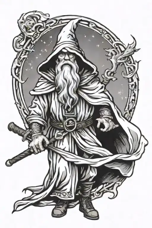 draw an old school style tattoo depicting a full-figure wizard, with a cloak and hood and a staff in his hand tattoo design idea