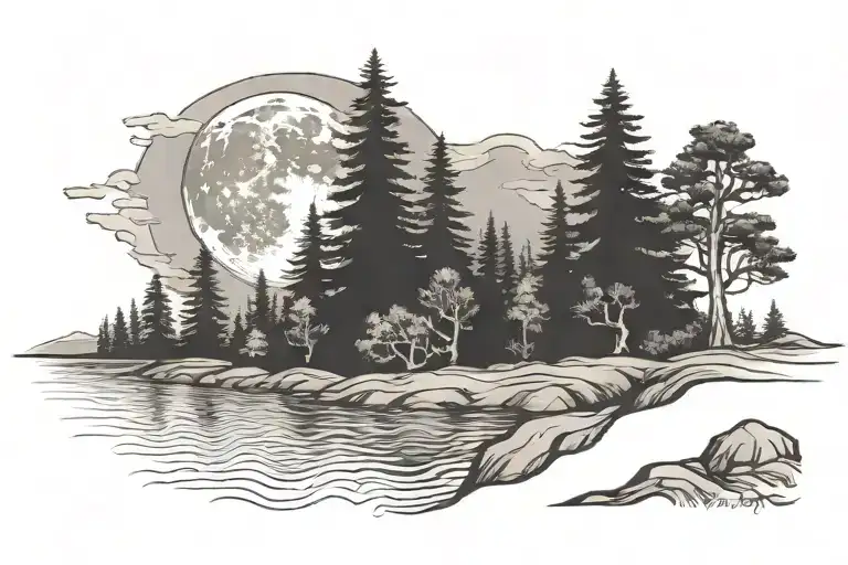 River and Redwood trees and full moon tattoo design idea