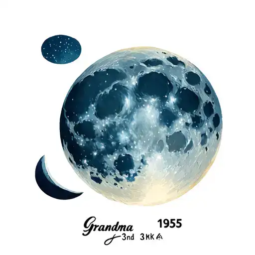 waxing gibbous moon phase with grandma in cursive under it and the date May 3rd, 1955 tattoo design idea