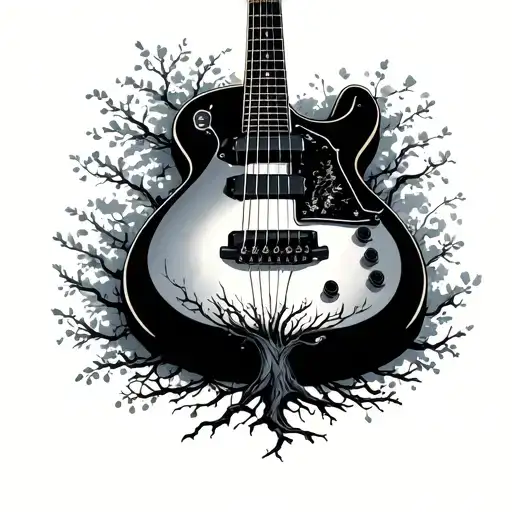 a guitar with a tree as the neck tattoo design idea