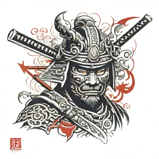 Japanese samurai tattoo with glowing smoke coming out of the eyes/mask and bits of red in the background (like paintbrus tattoo design idea