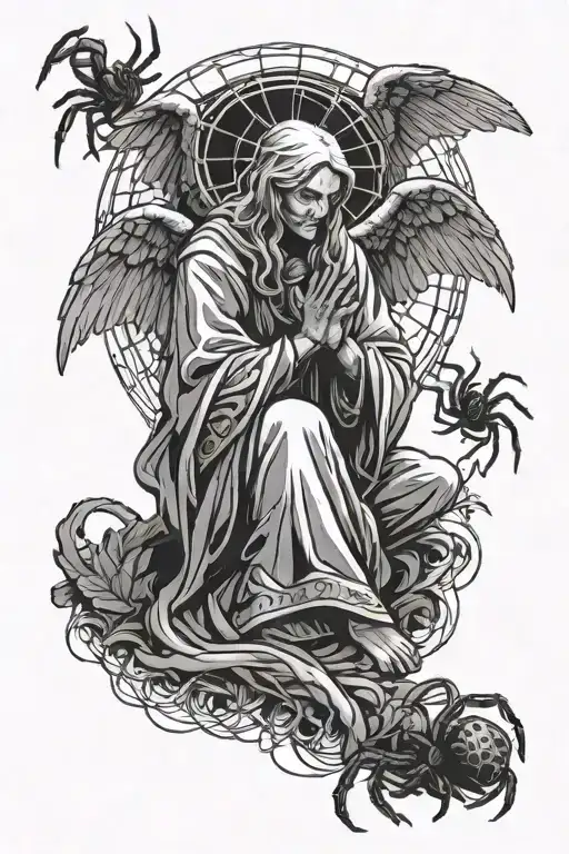 Angel praying hands and spider weeving web design tattoo design idea