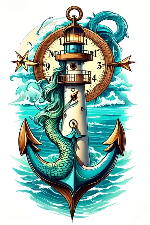 anchor lighthouse compass mermaid design combining elements tattoo design idea