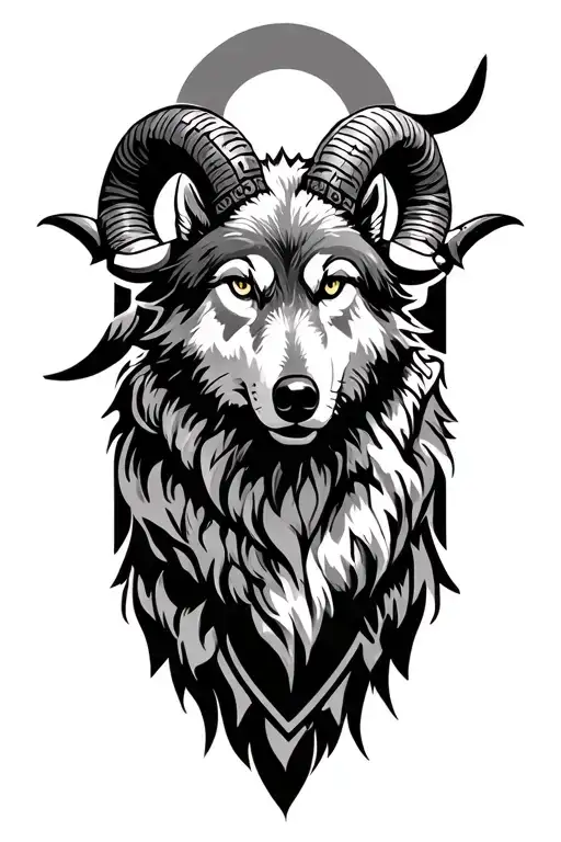Please create a tattoo with a wolf and a ram in a fighter scene in a Viking style. Also malignant. tattoo design idea