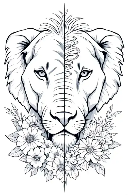 an image that is half a elephants face and half a lions face surrounded by flowers tattoo design idea