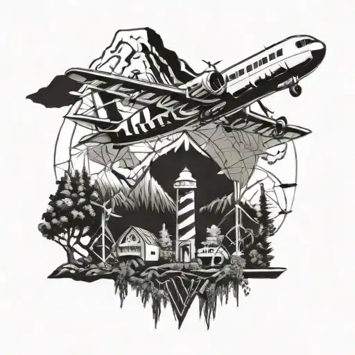 wind turbines mountains photovoltaic solar panel featuring dense forest airplane map compass tattoo design idea