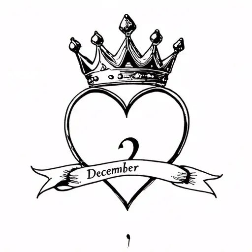 a queen's crown enclosed by a larger heart. there is a ribbon that passes through the middle of everything with December 2 written on it tattoo design idea