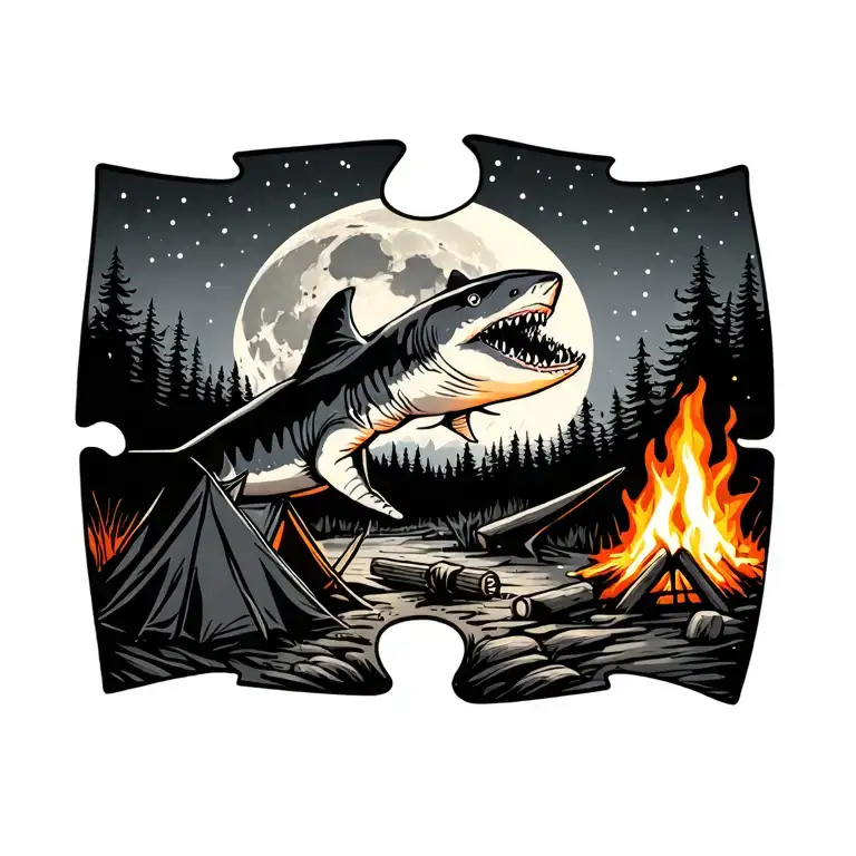 puzzle piece, camping, witch, moon, campfire, shark tattoo design idea