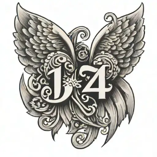 paw print with numbers 11 7 and 14 24 and angel wings  tattoo design idea