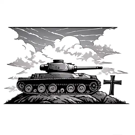 tank on a hill with 2 crosses with shading and clouds tattoo design idea