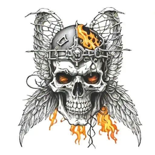 skull wrapped in barbwire with fire in eyes and angel wings tattoo design idea