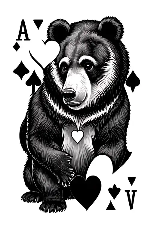 2 hearts, 2 diamonds, 2 hearts playing card + bear animal masculine  tattoo design idea