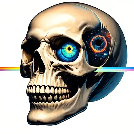 skull in 3/4 view with the 'dark side of the moon' prism inside the cavity, visible only through the eye sockets  tattoo design idea