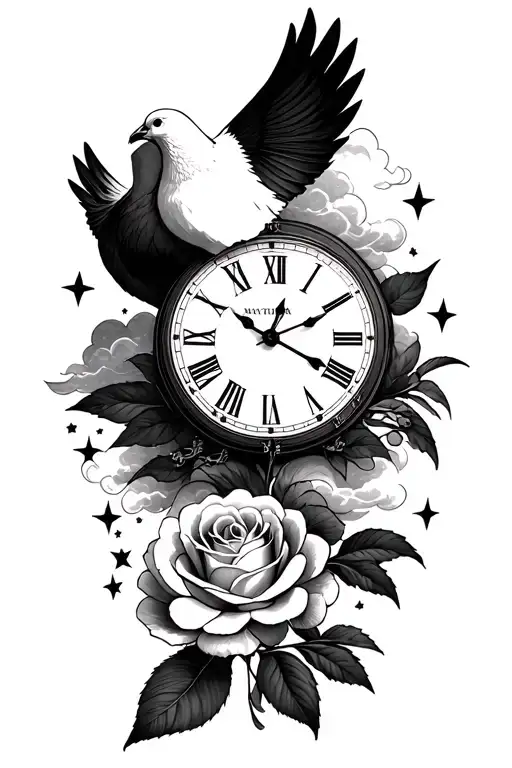 dove clock rose with clouds and stars tattoo design idea