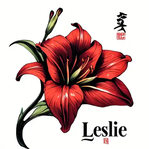 I would like to an atatuaje that has a red lily with the name "Leslie" in Korean tattoo design idea