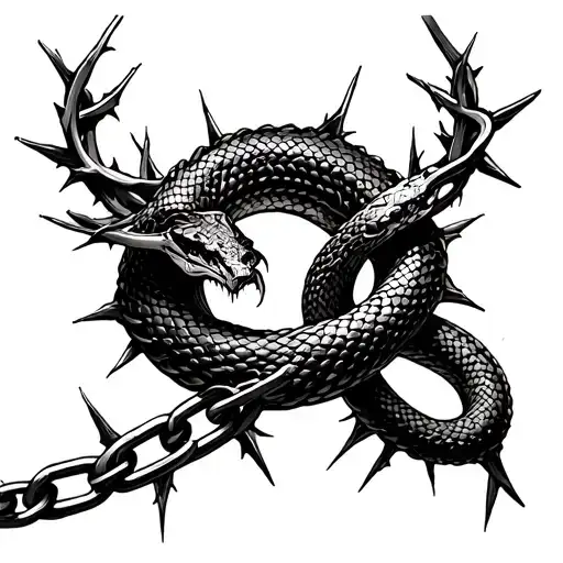broken chain snake wrapped in thorns wrapped round tattoo design idea