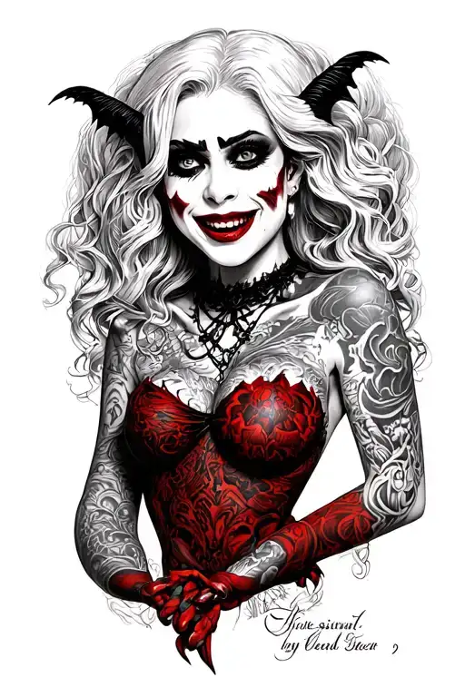 sexy nude vampire, huge boobs, seductive smile, full torso, detailed, tattoos, beautiful tattoo design idea