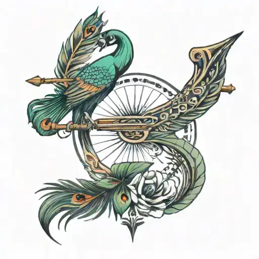 Bow and arrow tattoo with flute and peacock feather transforming tattoo design idea