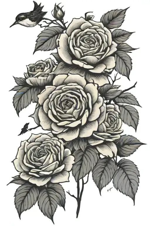 3. Japanese roses with pedals falling no twigs , 3 birds flying  tattoo design idea