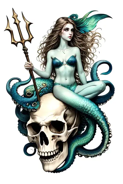 a siren mermaid sitting on an octopus skull hybrid holding a trident tattoo design idea