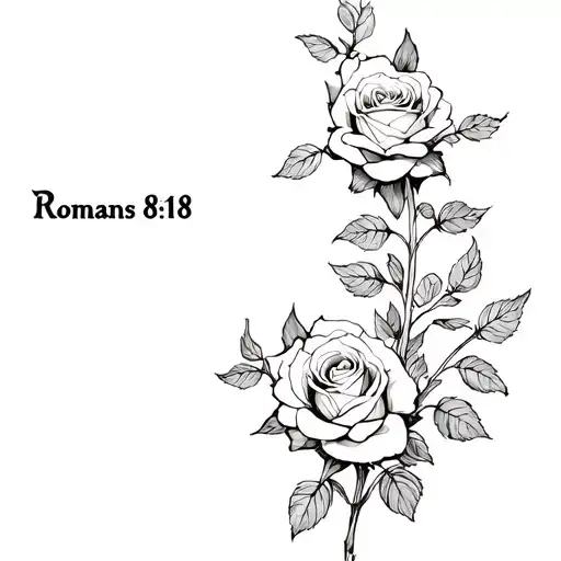 "Romans 8:18" with roses growing around it tattoo design idea