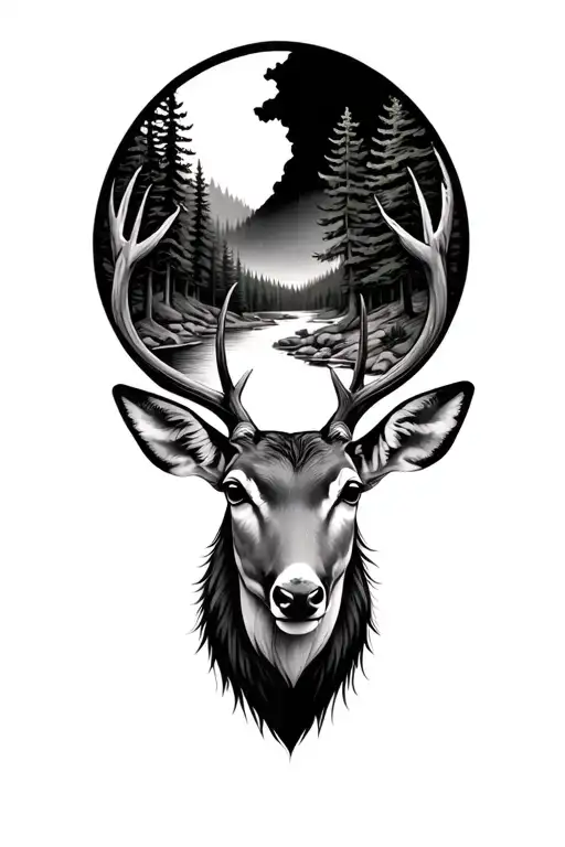 Large doe head with forrest clearing and river as background  tattoo design idea