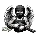 tattooed gangster baby angel with ski mask holding a gun and a bag of money tattoo design idea