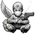 tattooed gangster baby angel with ski mask holding a gun and a bag of money tattoo design idea