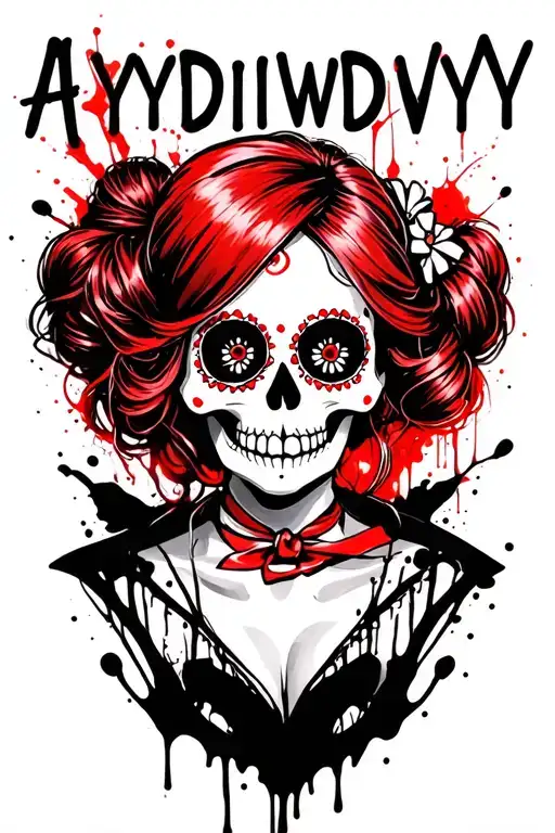 "AIYDIWDWY" sugar skull with red hair wearing a hair scarf in a bun tattoo design idea