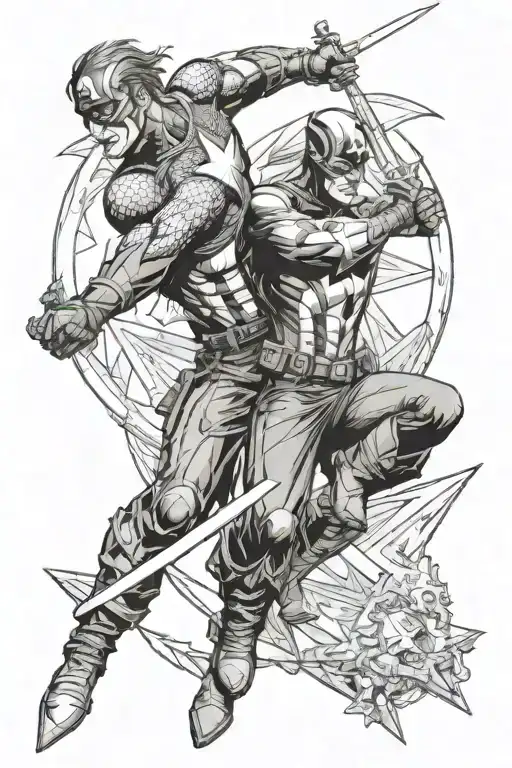 Captain America and Joker back to back reaching out to the Excalibur sword.   tattoo design idea