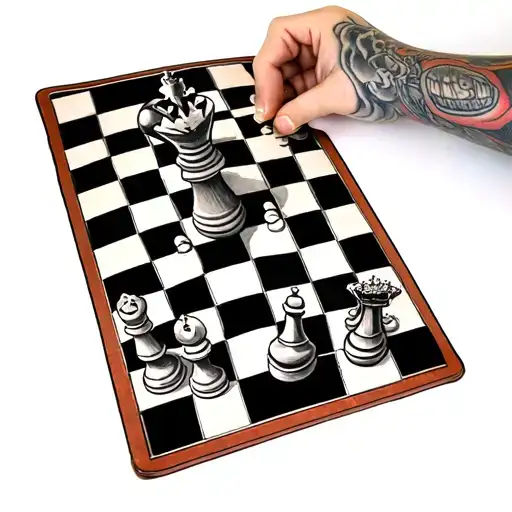 Arm sleeve Tattoo of King and Queen Chess pieces on a chess board, with 68 Chevy Camaro SS with racing stripes, Detroit tattoo design idea