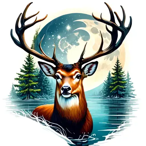 a fir forest, a deer, a moon, and water tattoo design idea