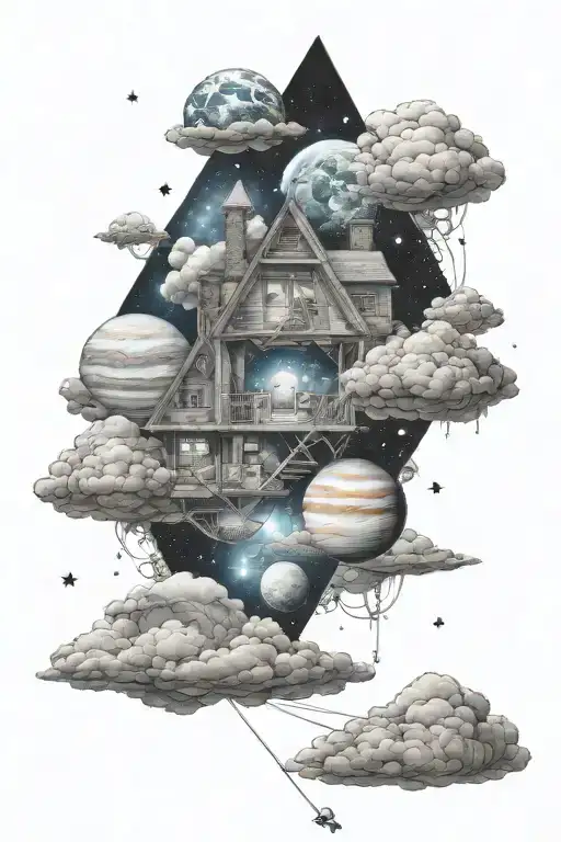 clouds house in space surrounded by planets tattoo design idea