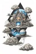 clouds house in space surrounded by planets tattoo design idea