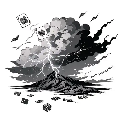 astormy sky with dark clouds and lightning symbolizing the chaos of ur past maybe with cards and dice caught in the wind tattoo design idea
