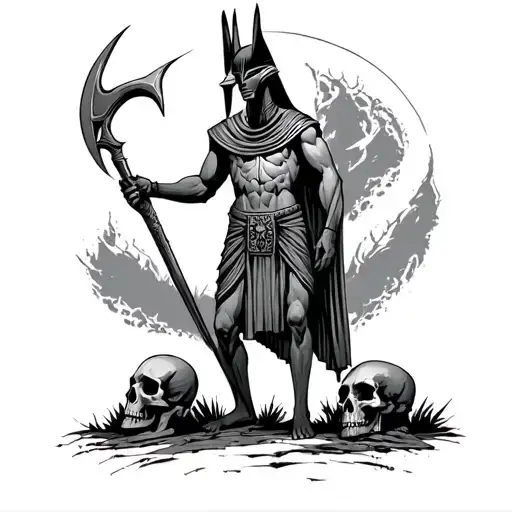 Anubis Standing holding a sickle with skulls at his feet tattoo design idea