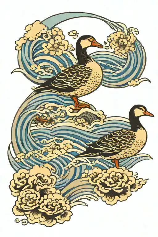 japanese style tatoo with 3 geese. blue Waves, clouds tattoo design idea
