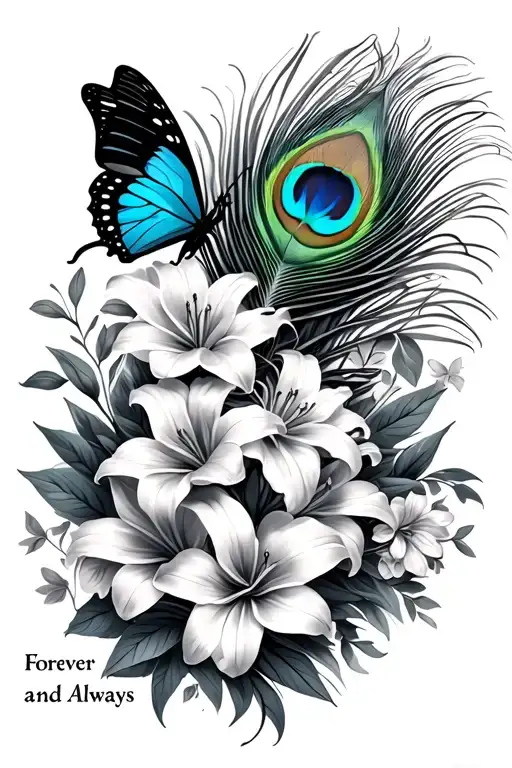 butterflys with alot of lilly flowers with one peacock feather an words saying forever and always tattoo design idea