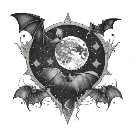a moon, bats, and the cancer constellation  tattoo design idea